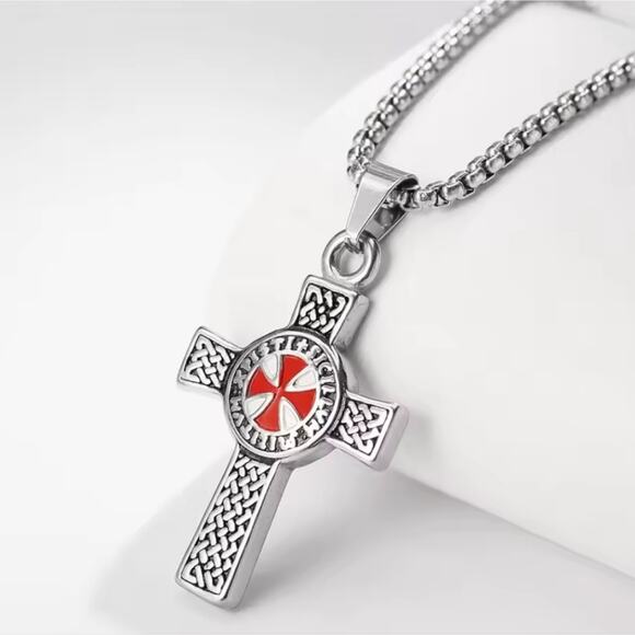 Silver Red Crusader Crusades Cross Necklace Men's Christmas Birthday Vtg Gift - Picture 1 of 6